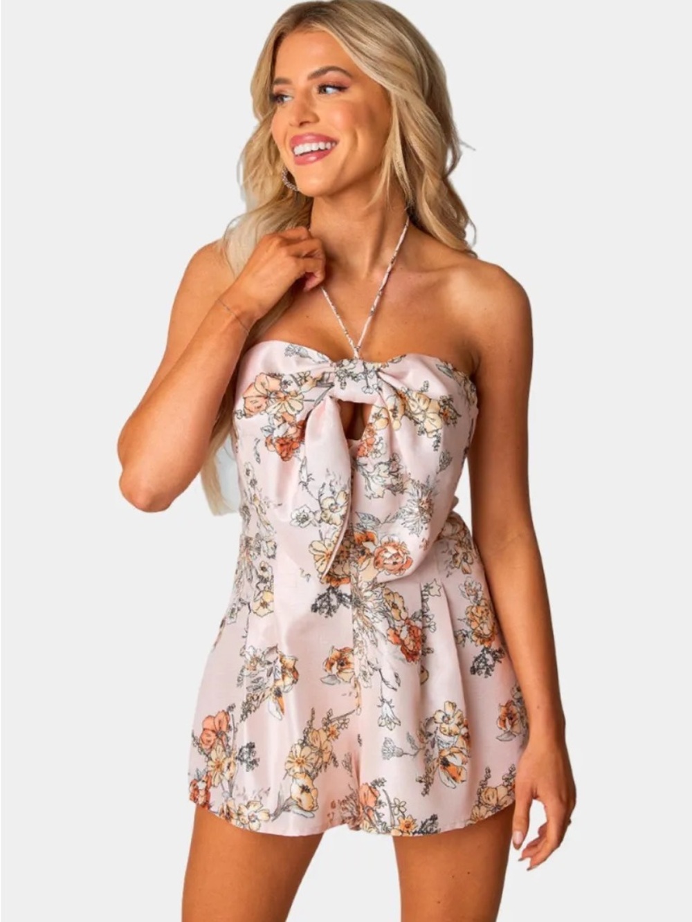 Floral Bow Romper in Blush Pink